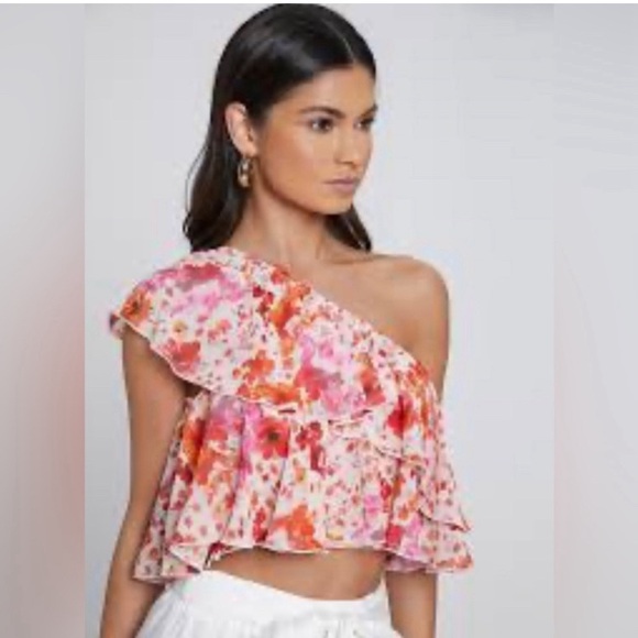 Floral Print One Shoulder Ruffle Trim Crop Top - Picture 2 of 10